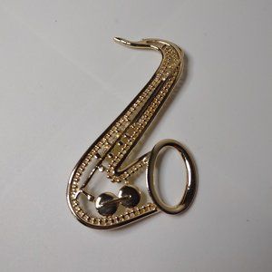 Large Gold Tone Metal Saxophone Brooch